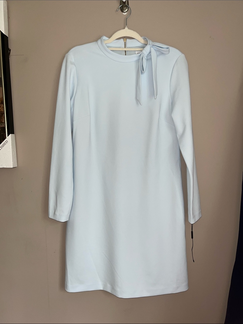 Calvin Klein Light Blue Long-Sleeve Tie-Neck Scuba Crepe Shift Dress size 12